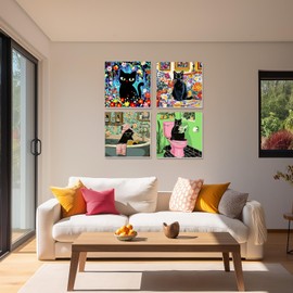 NAIMOER 4 Pack Black Cat Paint by Numbers Kits for Adults Beginner with Wooden Framed, Color by Numbers on Canvas Painting Kits for Adults, Easy Paint DIY Acrylic for Home Wall Decor 8X8 Inch