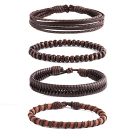 STWTR Mix 4 Wrap Bracelets Men Women, Hemp Cords Wood Beads Ethnic Tribal Bracelets, Leather Wristbands (N)