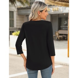 Romanstii Women's 3/4 Sleeve Shirts 2025 Fashion Trendy Summer Tops Business Casual Outfits Keyhole Loose Fit Black L
