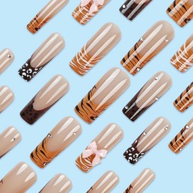 BABALAL Square Press on Nails Long Fake Nails Brown French Tip Glue on Nails Cheetah Print Acrylic Nails Pink Bow Charm False Nails 24pcs Squoval Manicure Stick on Nails Glossy Artificial Nails
