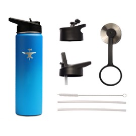 BodyForge Sports Water Bottle - 24oz, 3 Lids & Straw Lid, Leak Proof Stainless Steel Gym & Sport Bottles for Men, Women & Kids - Double Walled, Insulated Thermos, Metal Canteen (Blue/Light Blue)