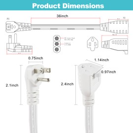 Flat Under Carpet Major Appliance Extension Cord with Flat Wall Plug, 3FT White Thin Flat Cable Low Profile Power Cord 3 Prong Grounded Wire SPT-3 14AWG Heavy Duty Air Conditioner Extension Cord