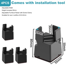 Pack of 4 Furniture Risers, 5 cm, Adjustable Bed Raisers with Screw Clamp, Heavy Duty Chair Risers, Furniture Raisers for 22-42 mm Wide Square & Round Chair Leg (5 cm, Black)