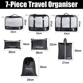Suitcase Organiser, Suitcase Organiser Set, Packing Cubes, Waterproof Packing Cubes, Packing Cube Set for Suitcase, Travel Organiser, for Hand Luggage, Suitcases and Backpack, 7 Pieces, Black