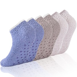 COZYOFFI 6 pares de calcetines antideslizantes de hospital para mujer, calcetines esponjosos y peludos con agarres, C03-azul/caqui/beige, Talla unica