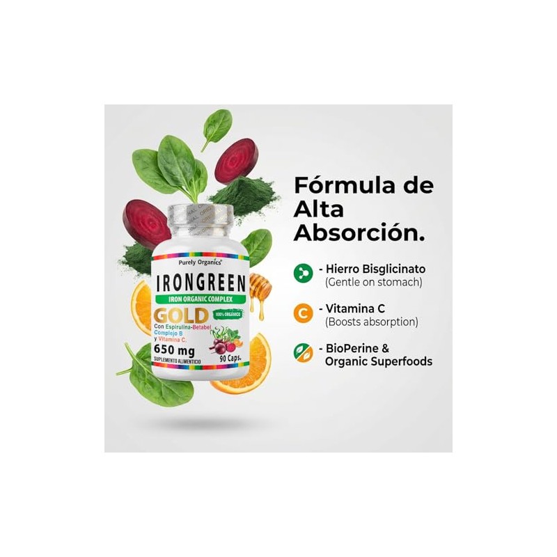 Irongreen Hierro Suplemento Bisglicinato Vitamina Complejo Betabel Espirulina Espinaca Bioperine
