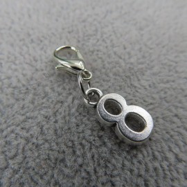 Pemby Studio Initial NUMBER 8 Eight Charm Zipper Pull Keychain Add On Clip Silver Tone Lucky