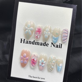 3D Flower Press on Nails Short Nails Press on Almond Fake Nails with Stereo Butterfly Design French Tip False Nails Autumn Acrylic Nails Full Cover Cute Floral Glue on Nails for Women Manicure