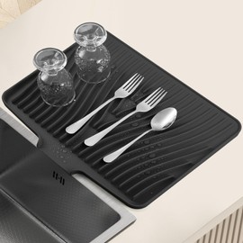 2Pack Silicone Dish Drying Mat for Kitchen Counter, Dish Drying Pad, Non-Slip Drain Pad with Built-in Drain, Heat Resistant Stone Drying Mat, Silicone Baking Mat (15.8" x 13", Black)