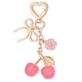Donouzair Glitter Cherry Keychain Bag Charms for Handbag Backpack Purse, Pink Cute Cherry Key Chain Gold Bow Keychain Purse Charm Gifts with Flower for Women Girls
