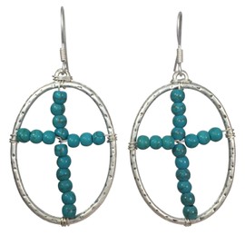 Oval Ring with Simulated Turquoise Beaded Cross Center Dangle Earrings (Silver tone)