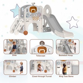 XJD 8 in 1 Toddler Slide Set, Kids Slide for Toddlers Age 1+, Toddler Climber Slide PlaySet with Basketball Hoop and Ball,Outdoor Indoor Playground for Toddlers 1-3 (Beige Gley, 8 in 1)
