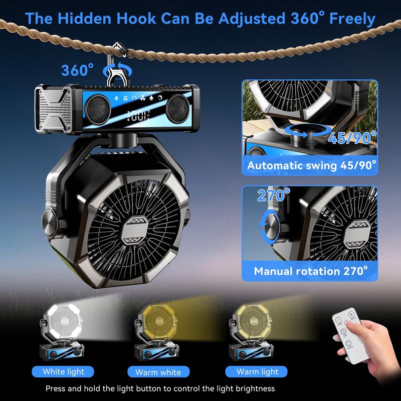 Portable fan rechargeable with 5.3 Bluetooth Speaker, 25000mAh Camping Fan