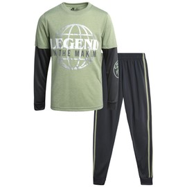 Pro Athlete Boys Pant Set - 2 Piece Tracksuit with Short Sleeve Graphic Tee and Tricot Jogger Sweatpants for Boys (8-16), Size 14-16, Sage/Grey Legend