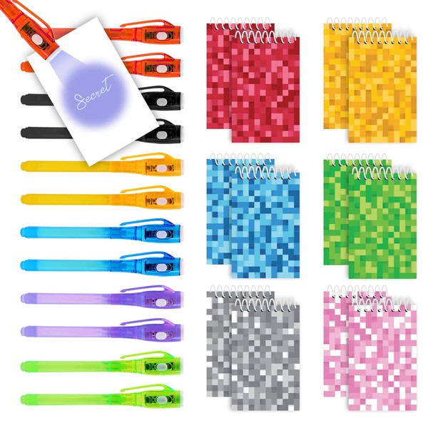 12 Invisible Ink Pen with UV Light and 12 Mini Pixel Notebook Set. Magic Secret Message Spy Pen and Notepads for Birthday, Party Favors, Halloween Goodies Bags Toy, Science and Classroom Prizes