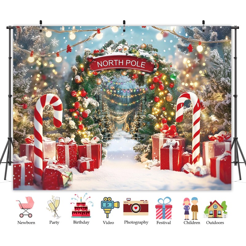 Rieetmk Christmas Backdrop - Winter Snow Scene with Candy Canes