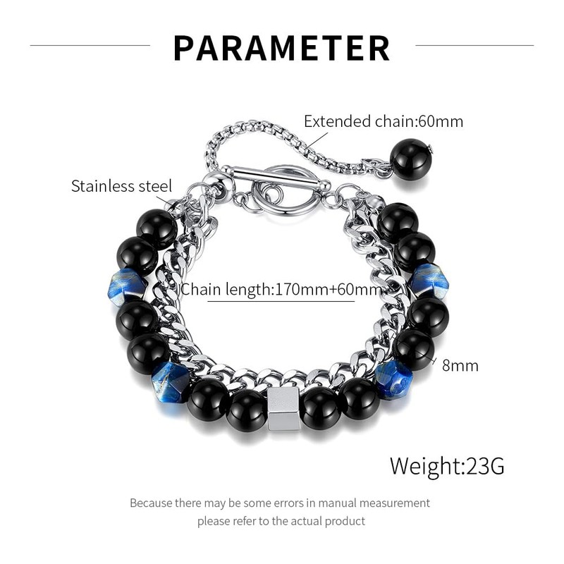 Rockyu Men's Bracelet, Stylish, Double Chain, Stainless Steel, Natural Stone,