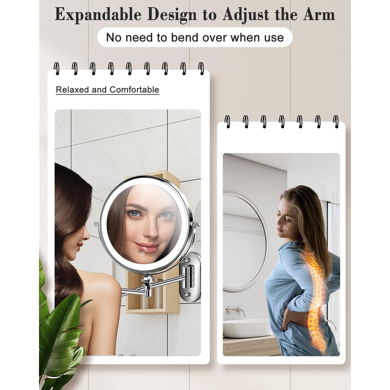 vpu 9" Wall Mounted Makeup Mirror with Light, 20X/1X Height