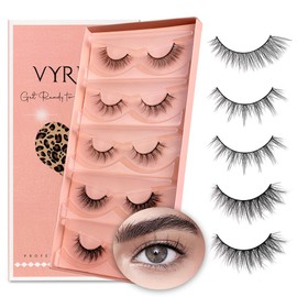 VYRILA Wispy Lashes 0.05mm PBT Fiber Natural Lashes, 0.2mm Superfine Band Cat Eye False Eyelashes, 5 Pairs Fluffy Strip Lashes Mink Lashes (Diva-5 Pairs In 1 Pack)