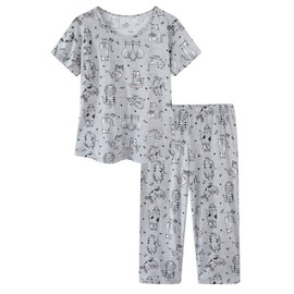 CHUNG Women Cotton Blend Pyjamas Set Short Sleeve Top Capri Pants Plus Size S-3XL Sleepwear Nighties Grey Cat,S