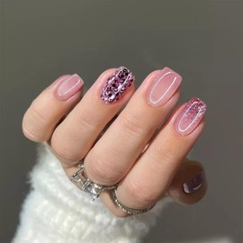 YOSOMMK Press on Nail Short Square Fake Nail Designs Nude Glossy Full Cover Gliiter Purple False Nails Cute Glue on Acrylic Nails for Women and Girls