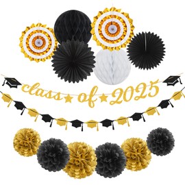 Black Gold Party-Decoration Graduation Banner - 14pcs Kits Cap Garland Streamers, Paper Tissue Pom Poms Flowers Fans Honeycomb,Class Of 2025 College High School Grad Decor Hugfond
