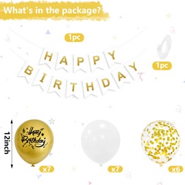 Teselife Happy Birthday Banner, Gold White Birthday Decoration, 20Pcs Happy Birthday Balloons with Happy Birthday Banner for Men Women Girls Boys Party Decorations Supplies