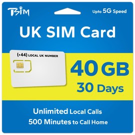 TSIM UK SIM Card for Canadian Traveler 30 Days | 40Gb Data + Unlimited Local Calls and Text + 500 Minutes to Call Home | Get Local UK Number Before Travel.