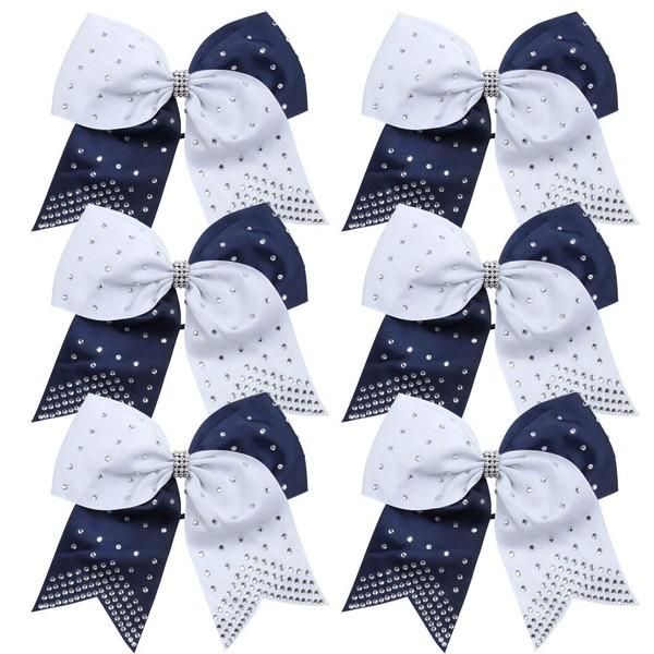 8 Inch 2 Colors Cheerleader Bows Ponytail Holder with Bling Fling Rhinestones Hair Tie Cheerleading Bows 6 Pcs (Navy Blue/White)