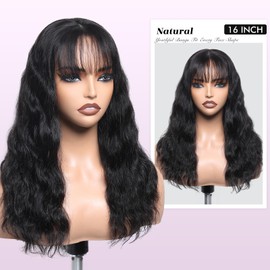 WIGNEE 4x4 Lace Human Hair Wig with Bangs Natural Wavy Human Hair Wigs For Black Women Midemun Length Wigs Human Hair for Daily Use（16 Inches）