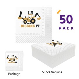 SharkBliss Construction - Servilletas de cóctel para primer cumpleaños, paquete de 50 servilletas de papel de cumpleaños para excavadora de cumpleaños para bebés y niños, decoración de mesa del primer cumpleaños de 2 capas, 5 x 5 pulgadas (soy 1 y cavand