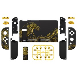 Custom DIY Replacement Case Shell for eXtremeRate Switch, Back Plate for Patterned Switch Consoles, Joycon Holder Handle Controller Housing for NS, Full Button Set Included [Golden Wave Pattern &
