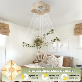Gryalcy 20" Boho Ceiling Fan with Light, Rattan Flush Mount Ceiling Fan with Light Remote Control, Caged Enclosed with 6 Speeds for Bedroom, Living Room, Foyer, Nursery (Yellow)