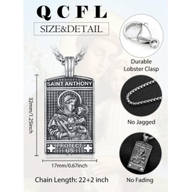 QCFL Saint St Anthony Medal Necklack For Men Sterling Silver Saint Anthony Dog Tag Jewelry Religious Protection Jewelry Catholicism Religious Gifts For Men Husband Dad Son