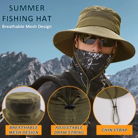 PESAAT Summer Men Fishing Hat UPF 50+ UV Protection Sun Hats for Women Outdoor Wide Brim Bucket Cap (Army Green)