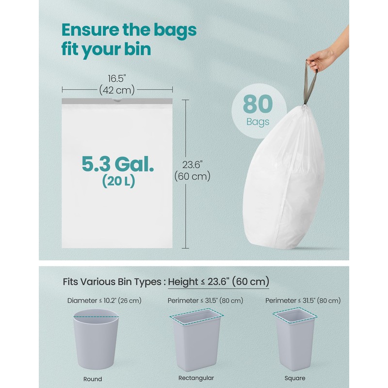 SONGMICS Trash Bags for 5.3 Gallon (20 L) Trash Cans,