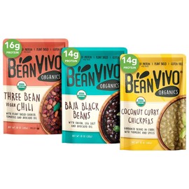 BeanVIVO - Variety 3 Pack (10 oz each) - Organic Baja Black Beans, Three Bean Vegan Chili, Coconut Curry Chickpeas - Seasoned & Ready to Eat, Plant Protein, Vegan, Gluten Free, Microwaveable, Instant Meals