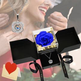 Preserved Real Roses with I Love You Necklace-Eternal Forever Flowers Rose Gifts for Mom Grandma Wife Girlfriend on Mothers Day Birthday Valentines Christmas Anniversary Romantic Gifts for Her (Blue)