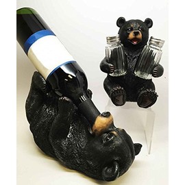 Favorite Cute Black Bear Oil Wine Bottle Holder and Salt Pepper SHAKERS Set