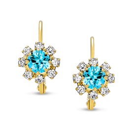 Teal Blue And White Crystal Flower 18K Gold Plated Brass Lever back Drop Earrings For Women Simulated Aquamarine