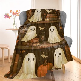 Wanoryer Cute Ghost Library Blanket, Comfy & Warm Flannel Books Bats Pumpkin Throw Blanket for Couch, Gifts for Women Kids Adults, Soft Fuzzy Lightweight Travel Bed Spooky Blankets for Decor 50"×60"