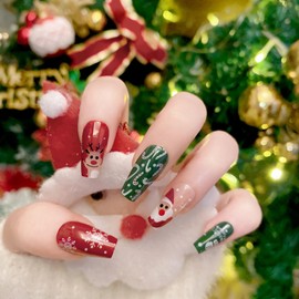 BABALAL Coffin Press on Nails Medium Fake Nails Green Red Glue on Nails Christmas Santa Snowflake Acrylic Nails 24Pcs Ballerina Cute Manicure Artificial False Nails for Women and Girls