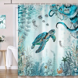 Wathon Sea Turtle Octopus Shower Curtain Blue Teal Ocean Bath Curtain Fish Underwater Animal Seashell Jellyfish Coastal Theme Bathroom Decor Set Hooks Included 72X72IN