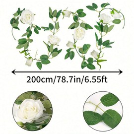 DWIND 1 Pack 24Ft Artificial Flower Garland with White Roses Fake Rose Flower Greenery Garland Floral Vines for Wedding Home Party Room Table Runner Decor
