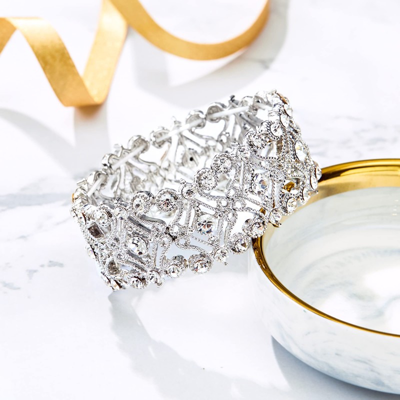 Clearine Round Crystal Bracelet Double Diamond Stretch Tennis Bangle for