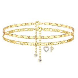YOFECIO Ankle Bracelets for Women,14K Gold Plated Initial Anklets Dainty Heart Letter Ankle Bracelets Layered Gold Anklets for Women Non Tarnish A to Z Summer Beach Jewelry