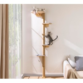 83 Inch Floor to Ceiling Cat Tree, Wall Mounted Tower with 5 Large Platforms & Plush Toys, Space-Saving Cat Furniture for Climbing & Scratching
