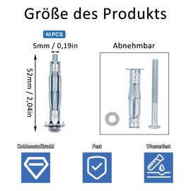 Pack of 40 Hollow Wall Anchors, M5 x 52 Cavity Metal Anchor Set, Carbon Steel, Cavity Dowel Metal, Expansion Nuts, for Plaster Walls, Cavity Walls, Iron Doors