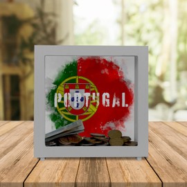 Wooden money box with Portugal flag in used look, piggy bank for holidaymakers, a beautiful money box decorated with the Portuguese national flag to travel to