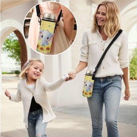ASQVTIFE Water Bottle Carrier Bag Insulated Neoprene Bottle Holder Kids Adult Adjustable Shoulder Strap for Stainless Steel Plastic Bottles for Hiking School Walking with Cute Elephant Sunflower L
